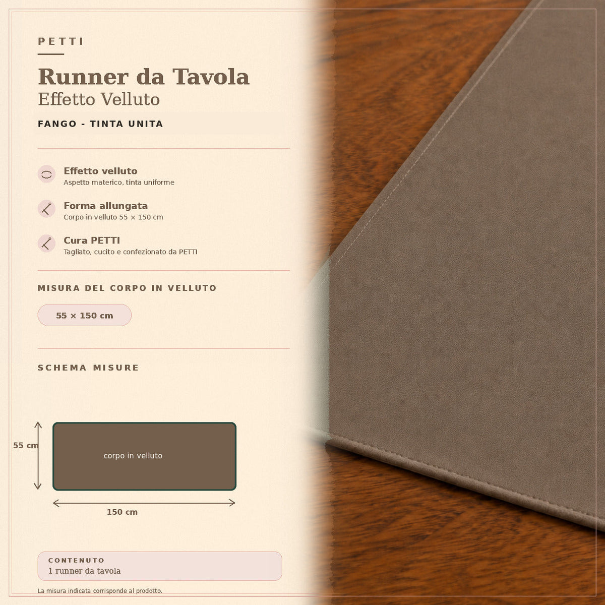 Runner da tavola effetto velluto Fango, 55 × 150 cm — scheda misure e contenuto