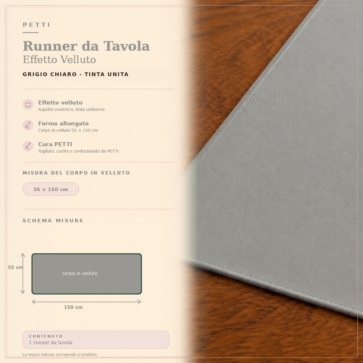 Runner da tavola effetto velluto Grigio Chiaro, 55 × 150 cm — scheda misure e contenuto