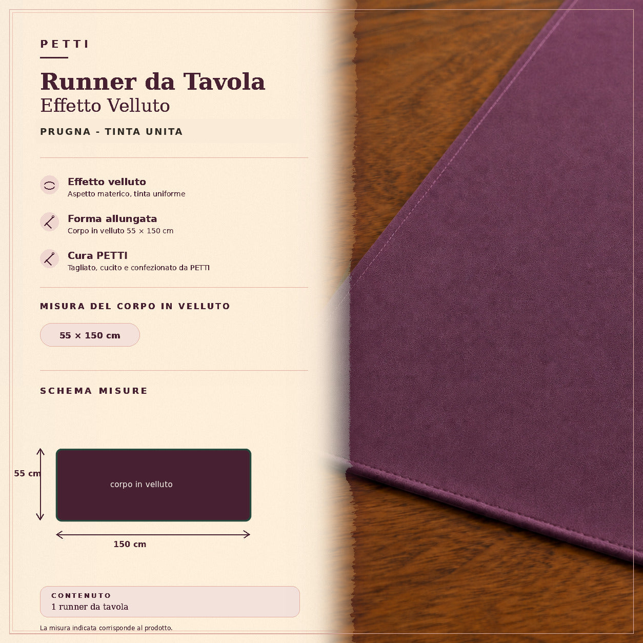 Runner da tavola effetto velluto Prugna, 55 × 150 cm — scheda misure e contenuto