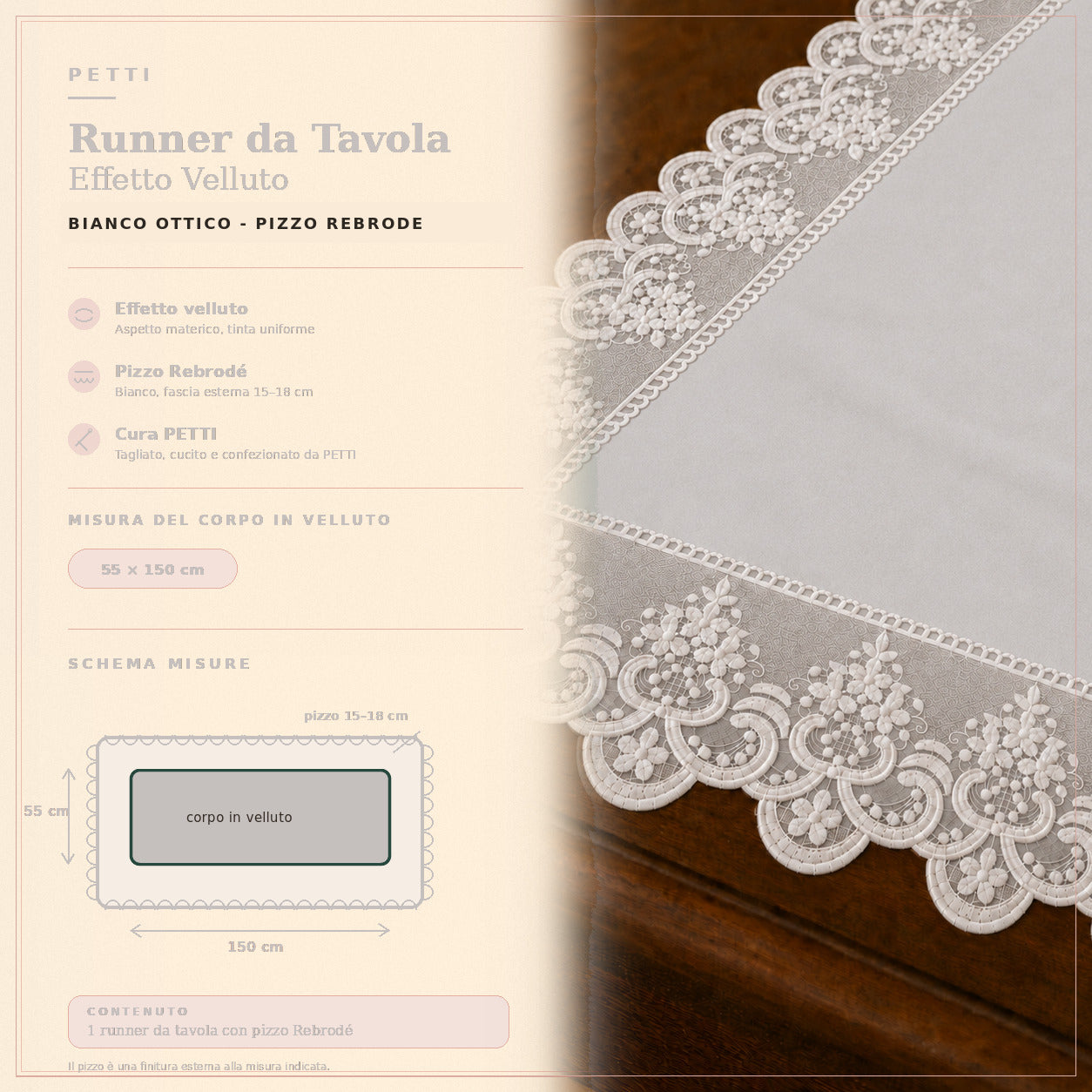 Runner da tavola effetto velluto Bianco Ottico con Pizzo Rebrodé bianco, 55 × 150 cm — scheda misure e contenuto