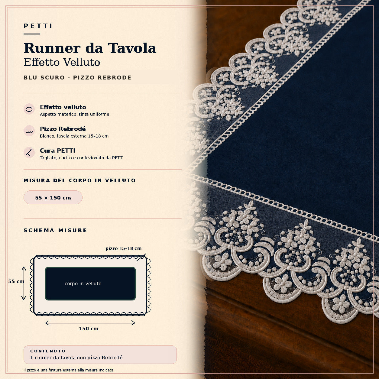 Runner da tavola effetto velluto Blu Scuro con Pizzo Rebrodé bianco, 55 × 150 cm — scheda misure e contenuto