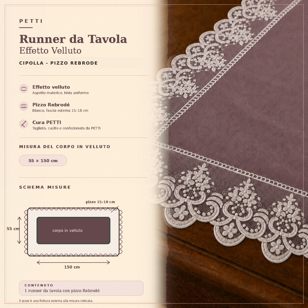 Runner da tavola effetto velluto Cipolla con Pizzo Rebrodé bianco, 55 × 150 cm — scheda misure e contenuto