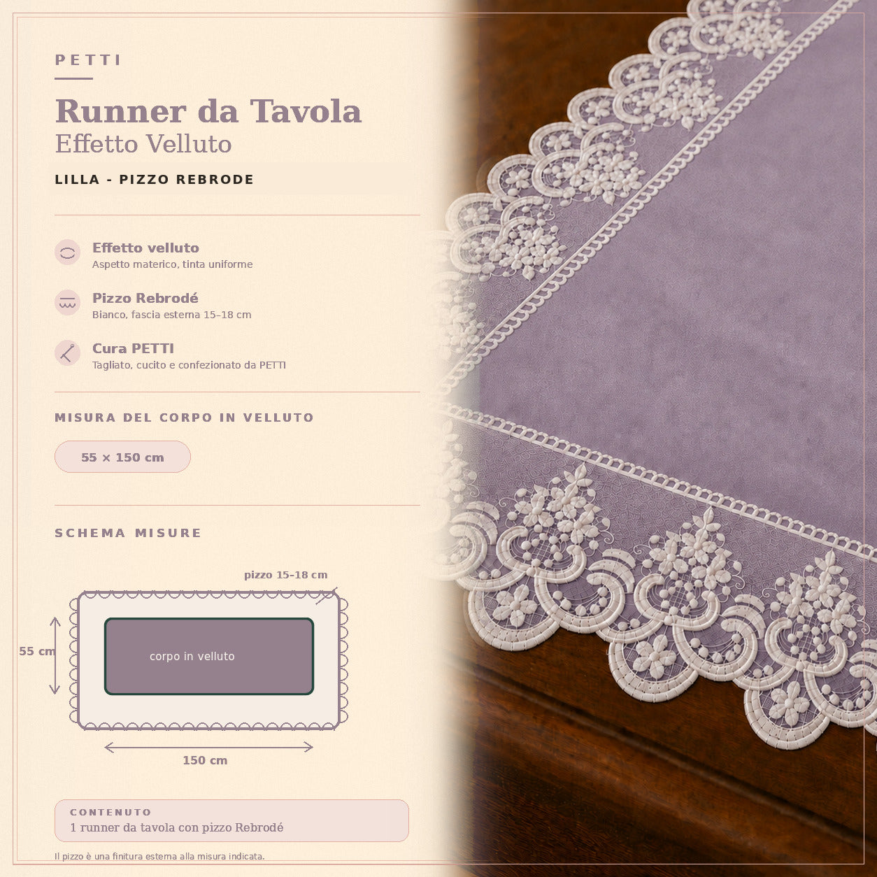 Runner da tavola effetto velluto Lilla con Pizzo Rebrodé bianco, 55 × 150 cm — scheda misure e contenuto