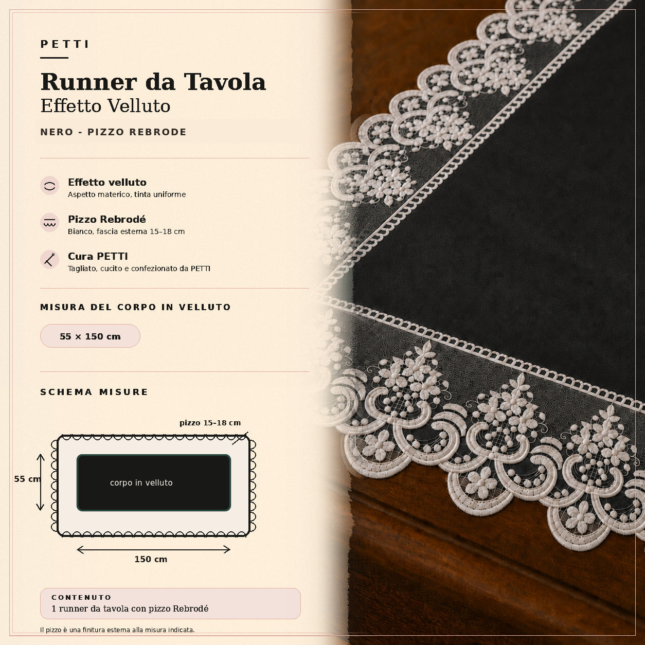 Runner da tavola effetto velluto Nero con Pizzo Rebrodé bianco, 55 × 150 cm — scheda misure e contenuto