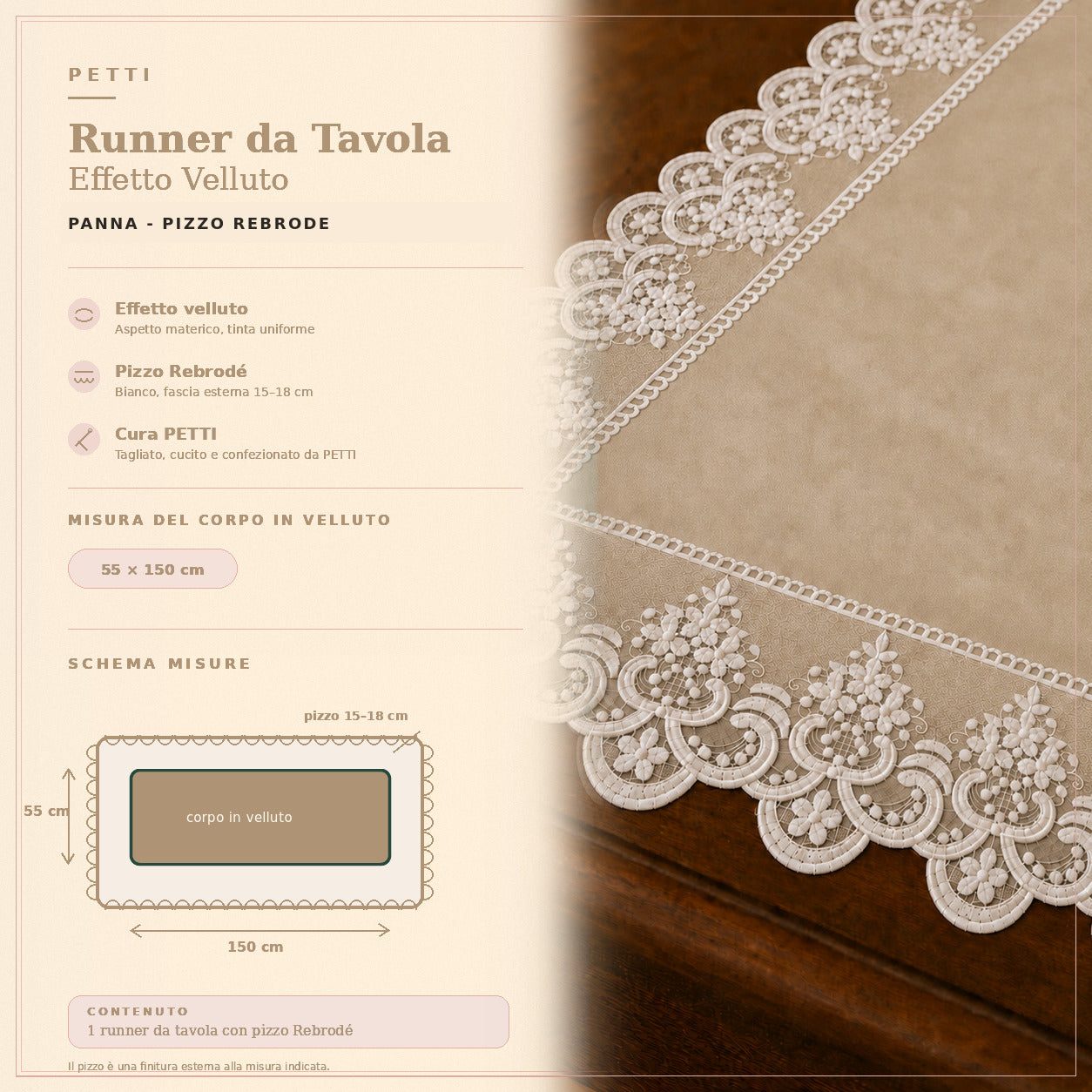 Runner da tavola effetto velluto Panna con Pizzo Rebrodé bianco, 55 × 150 cm — scheda misure e contenuto