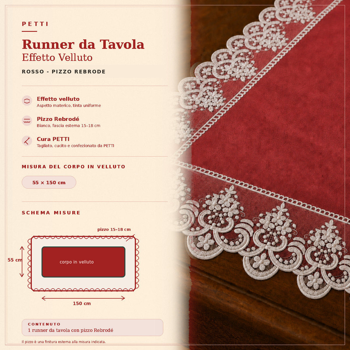 Runner da tavola effetto velluto Rosso con Pizzo Rebrodé bianco, 55 × 150 cm — scheda misure e contenuto