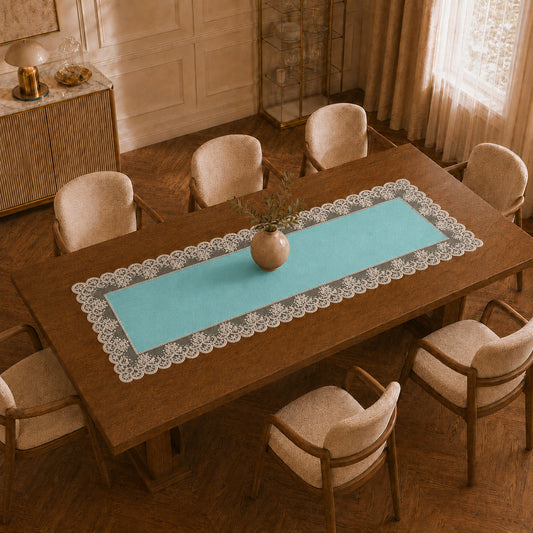Runner da tavola effetto velluto Tiffany con Pizzo Rebrodé bianco, 55 × 150 cm — vista dall’alto
