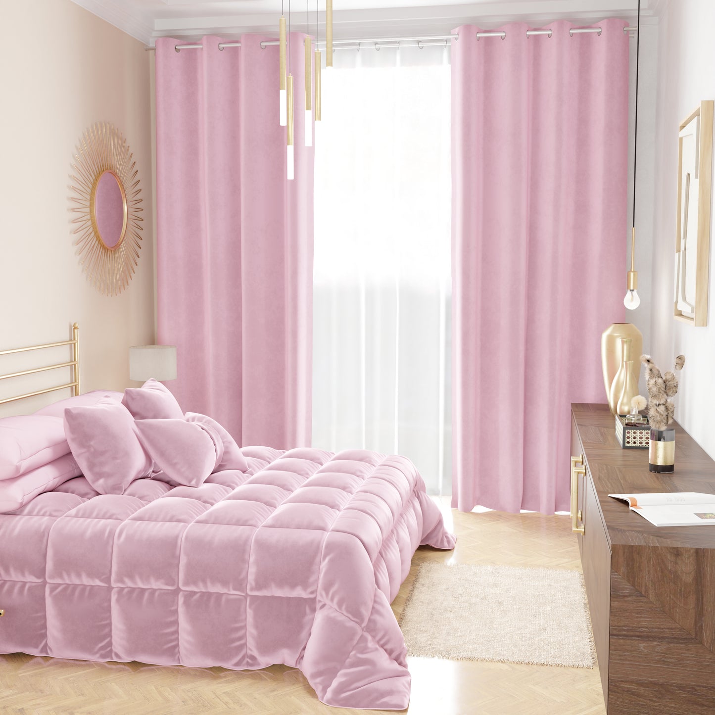 Rideau à Panneau en Velours pour Intérieur avec Anneaux, 140x280 cm, Rose