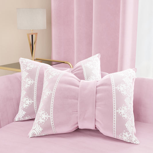 Cuscino Arredo Fiocco in Velluto e Balza con Pizzo Rebrodè 40x50 cm, Cuscino divano Rosa By Sissy