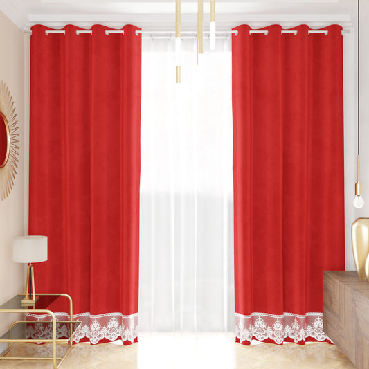 Tenda a Pannello in Velluto per Interni con Anelli e Pizzo Rebrodè, 140x280 cm, Rosso by Sissy