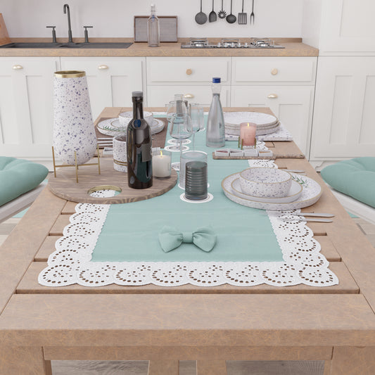 Runner da Tavolo Elegante Shabby Chic con Pizzo e Fiocchi Verde Acqua