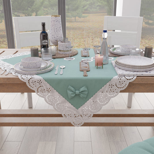 Centrotavola Cucina Elegante Shabby Chic con Pizzo e Fiocchi Verde Acqua