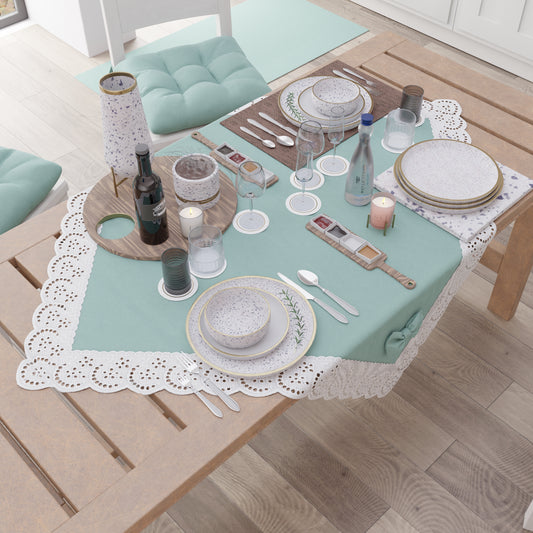 Centrotavola Cucina Elegante Shabby Chic con Pizzo e Fiocchi Verde Acqua