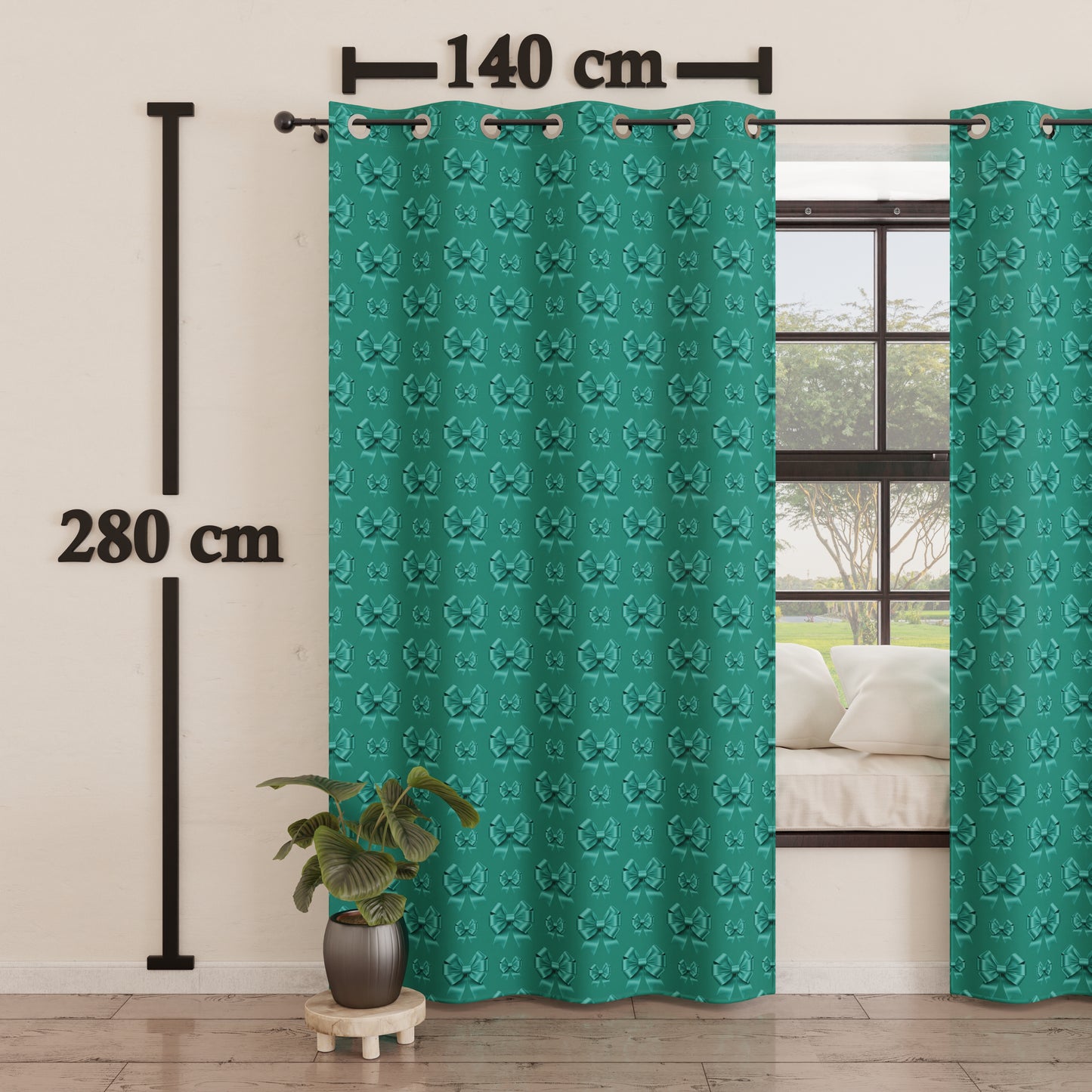 Indoor Furnishing Curtain with Panels and Teal Bow Rings