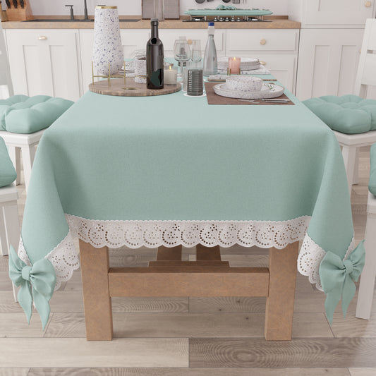 Tovaglia da Tavola Shabby Chic Copritavolo con Pizzo e Fiocchi Verde Acqua
