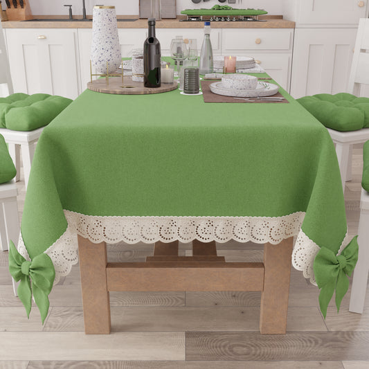 Tovaglia da Tavola Shabby Chic Copritavolo con Pizzo e Fiocchi Verde
