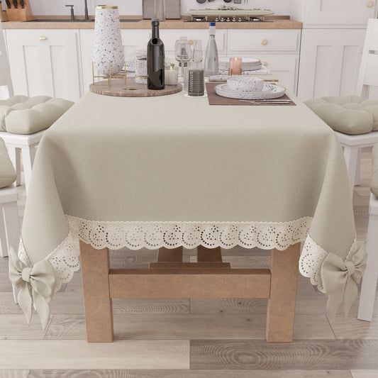 Tovaglia da Tavola Shabby Chic Copritavolo con Pizzo e Fiocchi Beige