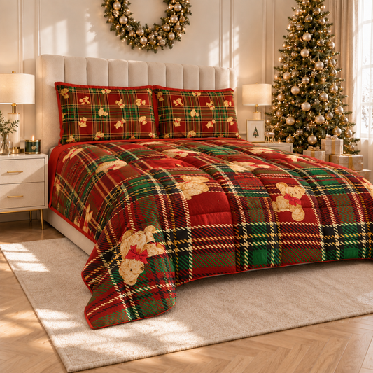 Trapunta Matrimoniale Natale, Singola, Piazza e Mezza Orsetto Tartan