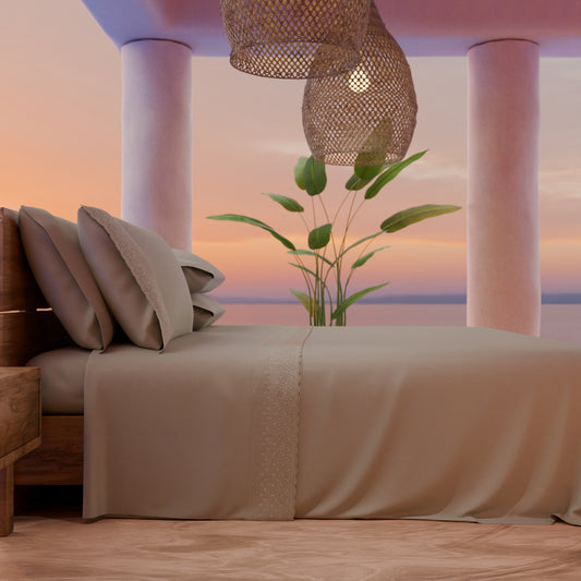 Draps doubles en pur coton percale avec volant en dentelle de San Gallo - Taupe