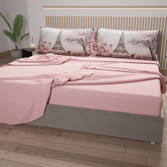 Lenzuola in Cotone, Completo Letto con Federe in Stampa Digitale Paris, Parigi Torre Eiffel