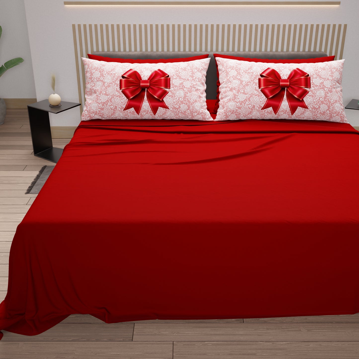 Lenzuola in Cotone, Completo Letto con Federe in Stampa Digitale Fiocco Rosso