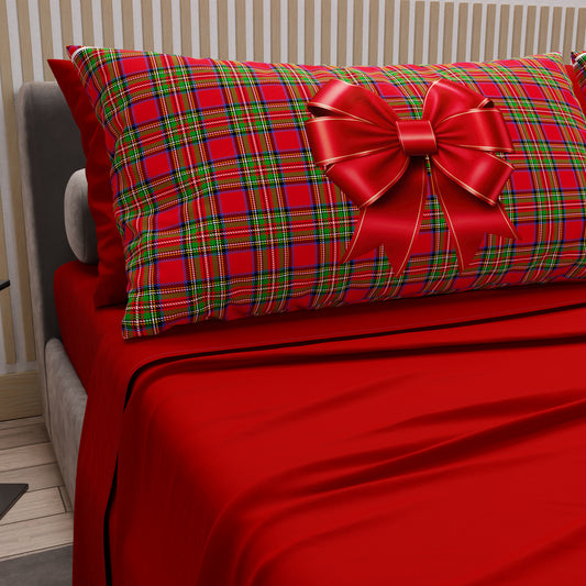 Lenzuola in Cotone, Completo Letto con Federe in Stampa Digitale Fiocco Tartan, Fantasia Scozzese