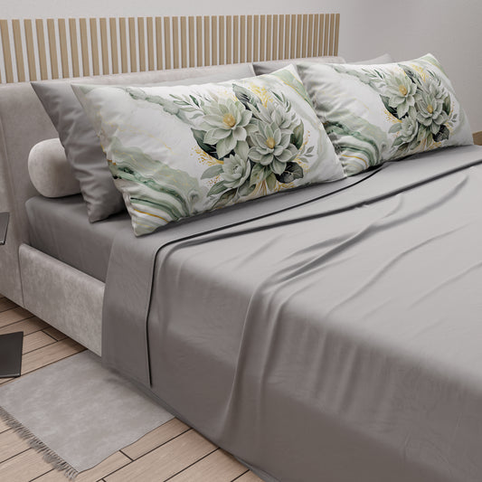 Draps en Coton, Parure de Lit avec Taies d'Oreiller en Impression Digitale Fleur Sauge