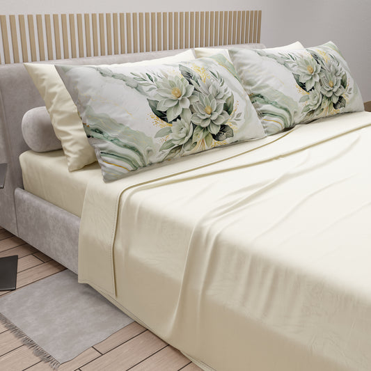 Lenzuola in Cotone, Completo Letto con Federe in Stampa Digitale Fiore Salvia