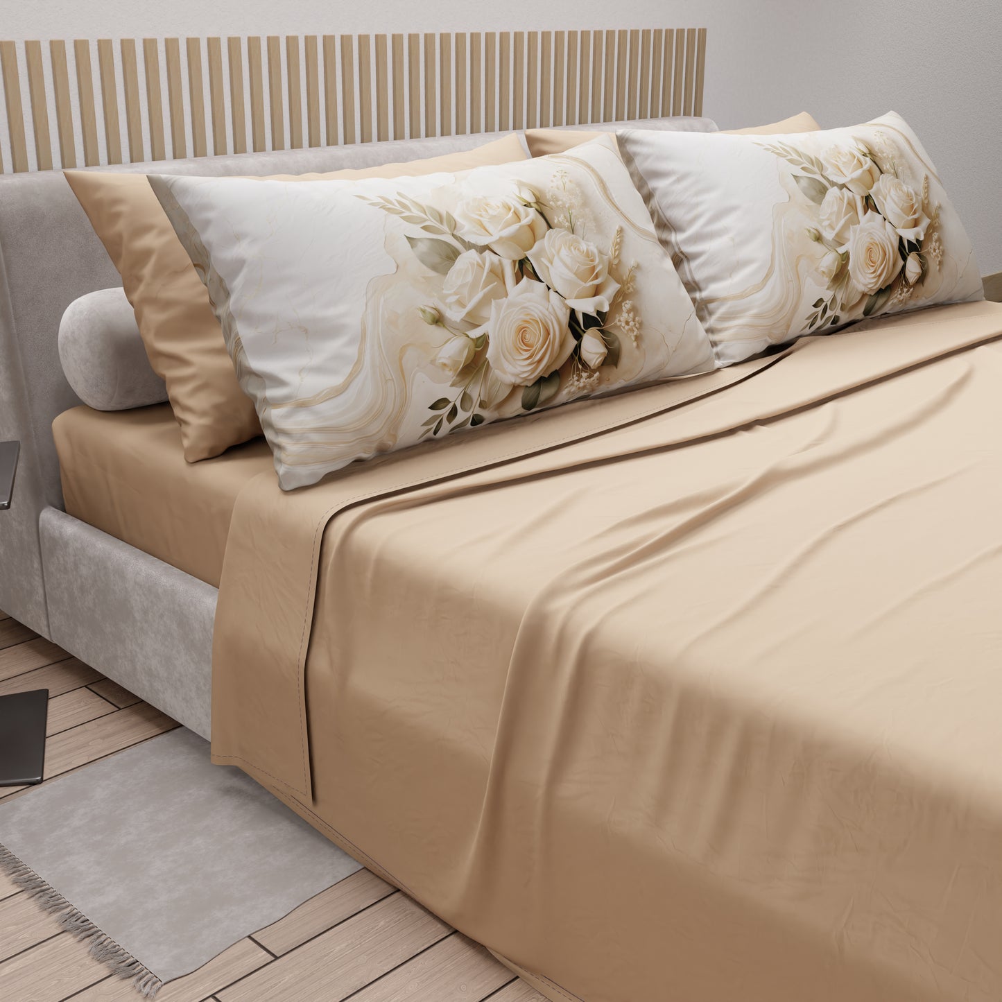 Lenzuola in Cotone, Completo Letto con Federe in Stampa Digitale Fiore Panna