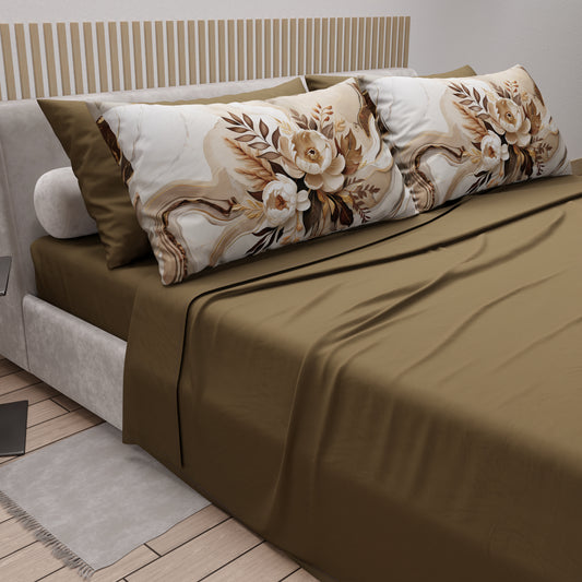 Draps en Coton, Parure de Lit avec Taies d'Oreiller en Impression Digitale Fleur Taupe