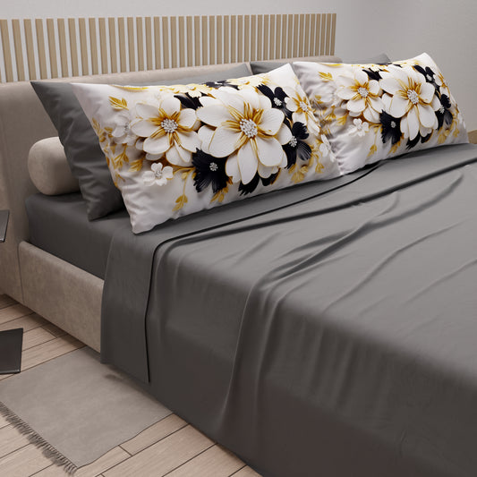 Draps en Coton, Parure de Lit avec Taies d'Oreiller en Impression Numérique Flower Ceramic Noir