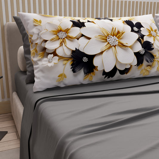 Draps en Coton, Parure de Lit avec Taies d'Oreiller en Impression Numérique Flower Ceramic Noir