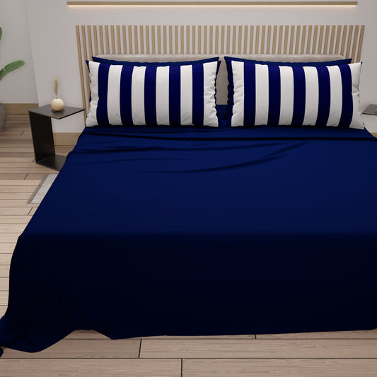 Lenzuola in Cotone, Completo Letto con Federe in Stampa Digitale Righe Bianco/Blu Notte