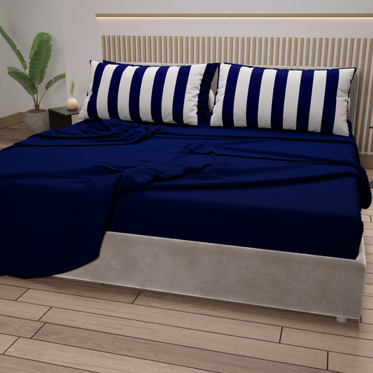 Lenzuola in Cotone, Completo Letto con Federe in Stampa Digitale Righe Bianco/Blu Notte