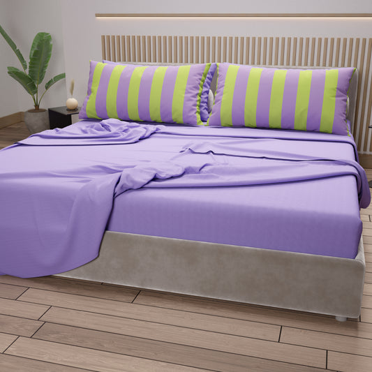 Lenzuola in Cotone, Completo Letto con Federe in Stampa Digitale Righe Verde Chiaro/Lilla.