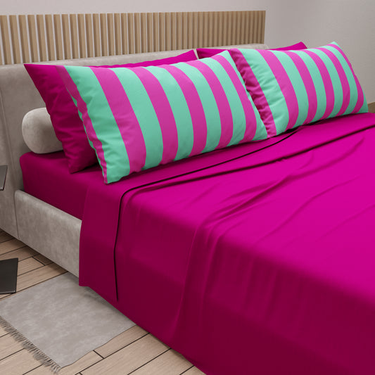 Lenzuola in Cotone, Completo Letto con Federe in Stampa Digitale Righe Tiffany/Fucsia
