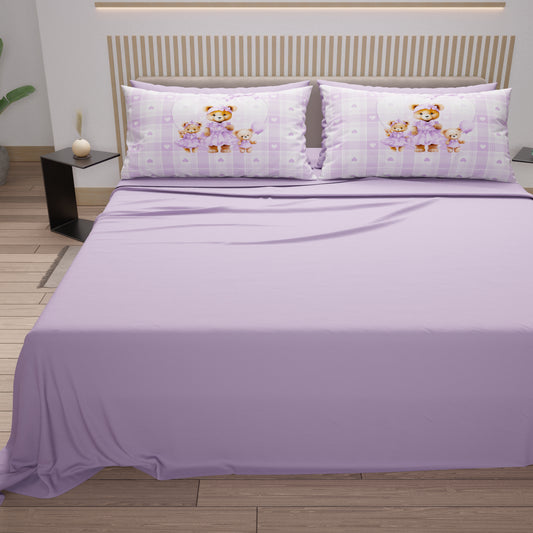 Draps en coton, parure de lit avec taies d'oreiller imprimées numérique Teddy Love lilas
