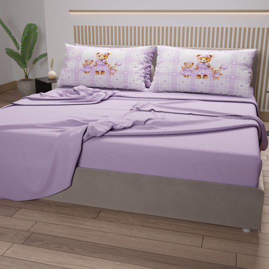 Draps en coton, parure de lit avec taies d'oreiller imprimées numérique Teddy Love lilas