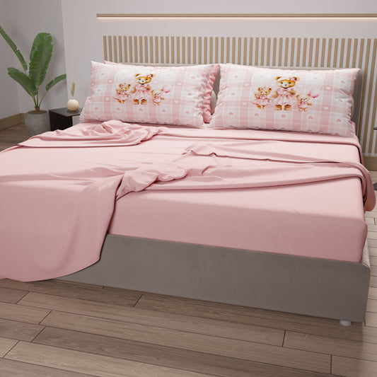 Draps en coton, parure de lit avec taies d'oreiller imprimées numérique Teddy Love rose