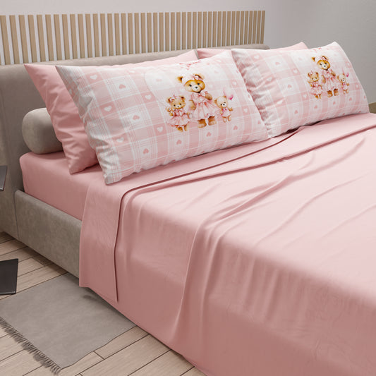 Draps en coton, parure de lit avec taies d'oreiller imprimées numérique Teddy Love rose