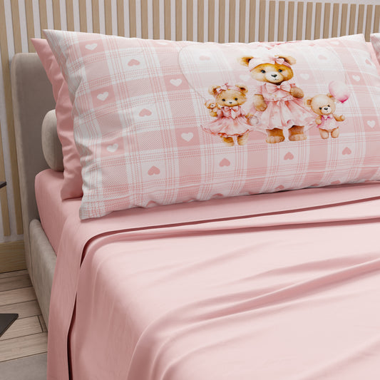 Draps en coton, parure de lit avec taies d'oreiller imprimées numérique Teddy Love rose