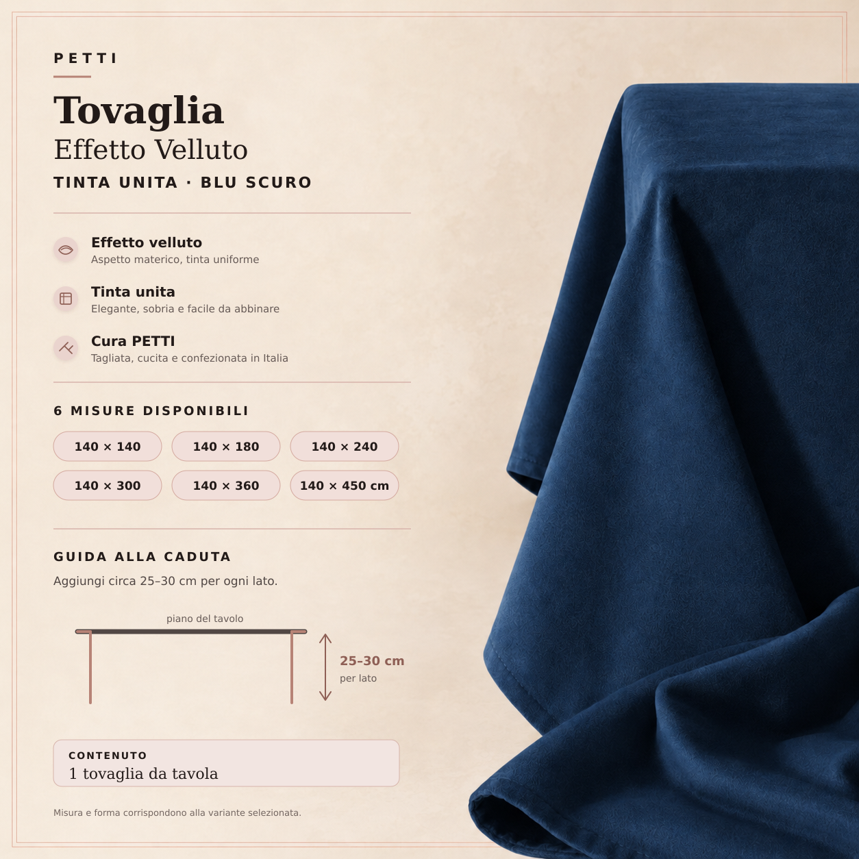 Scheda della tovaglia effetto velluto Blu Scuro con sei misure e guida alla caduta