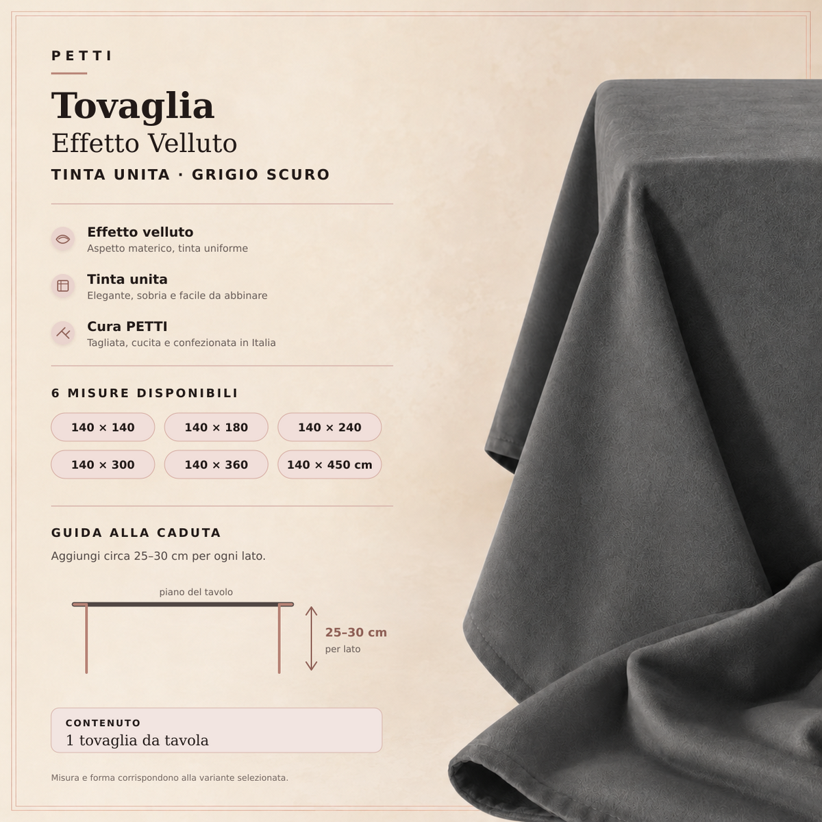 Scheda della tovaglia effetto velluto Grigio Scuro con sei misure e guida alla caduta