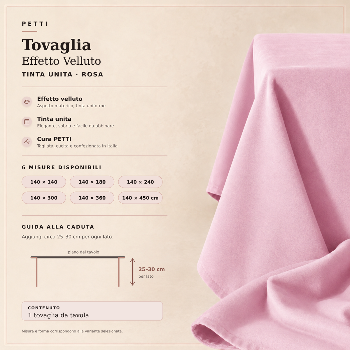 Tovaglia effetto velluto Rosa, scheda prodotto con misure e guida alla caduta