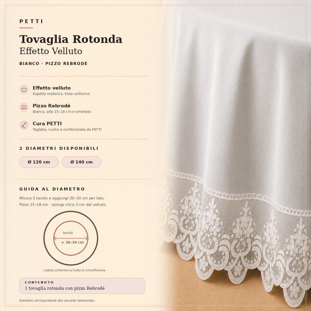 Scheda informativa della tovaglia rotonda Bianco in effetto velluto con pizzo Rebrodé