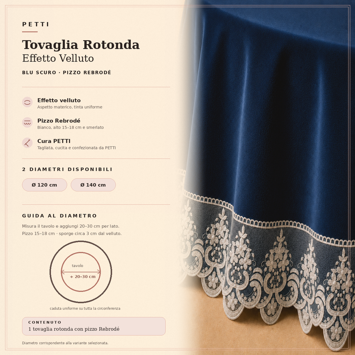 Scheda informativa della tovaglia rotonda Blu Scuro in effetto velluto con pizzo Rebrodé