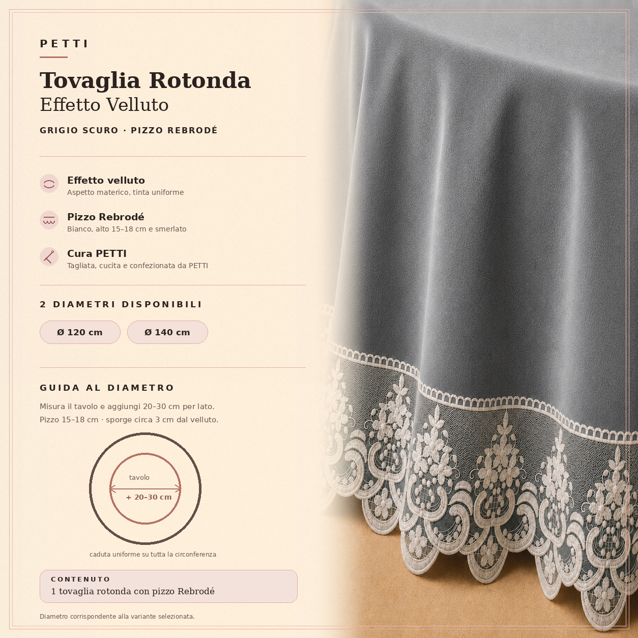 Scheda informativa della tovaglia rotonda Grigio Scuro in effetto velluto con pizzo Rebrodé