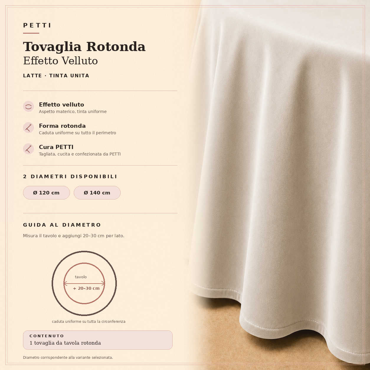 Scheda informativa della tovaglia rotonda Bianco Latte in effetto velluto tinta unita