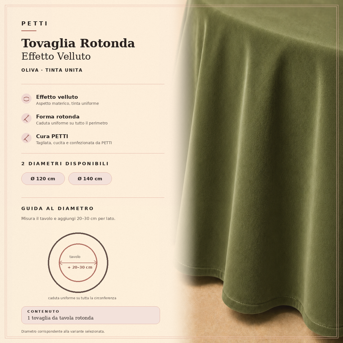 Scheda informativa della tovaglia rotonda Verde Oliva in effetto velluto tinta unita