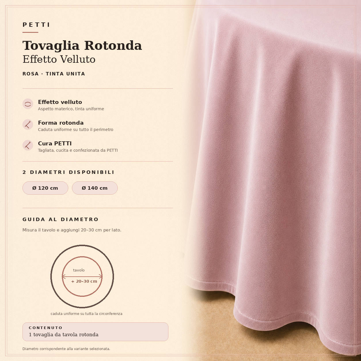 Scheda informativa della tovaglia rotonda Rosa in effetto velluto tinta unita
